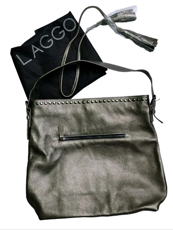 Laggo Handbags - LAGGO Reed Purse Shoulder Bag Metallic Silver Pebbled Leather Studded Tote Hobo